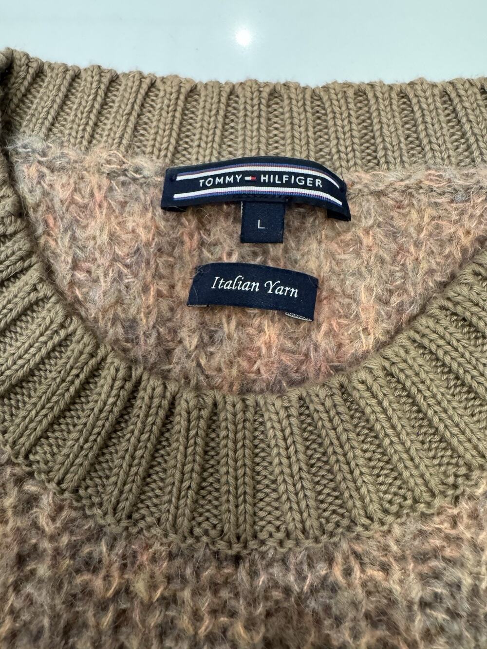 VTG Tommy Hilfiger Brown Solid Knit Sweater Crew Neck Long Sleeve Italian Yarn L